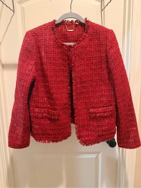 Chico's Red Tweed Fringe Jacket